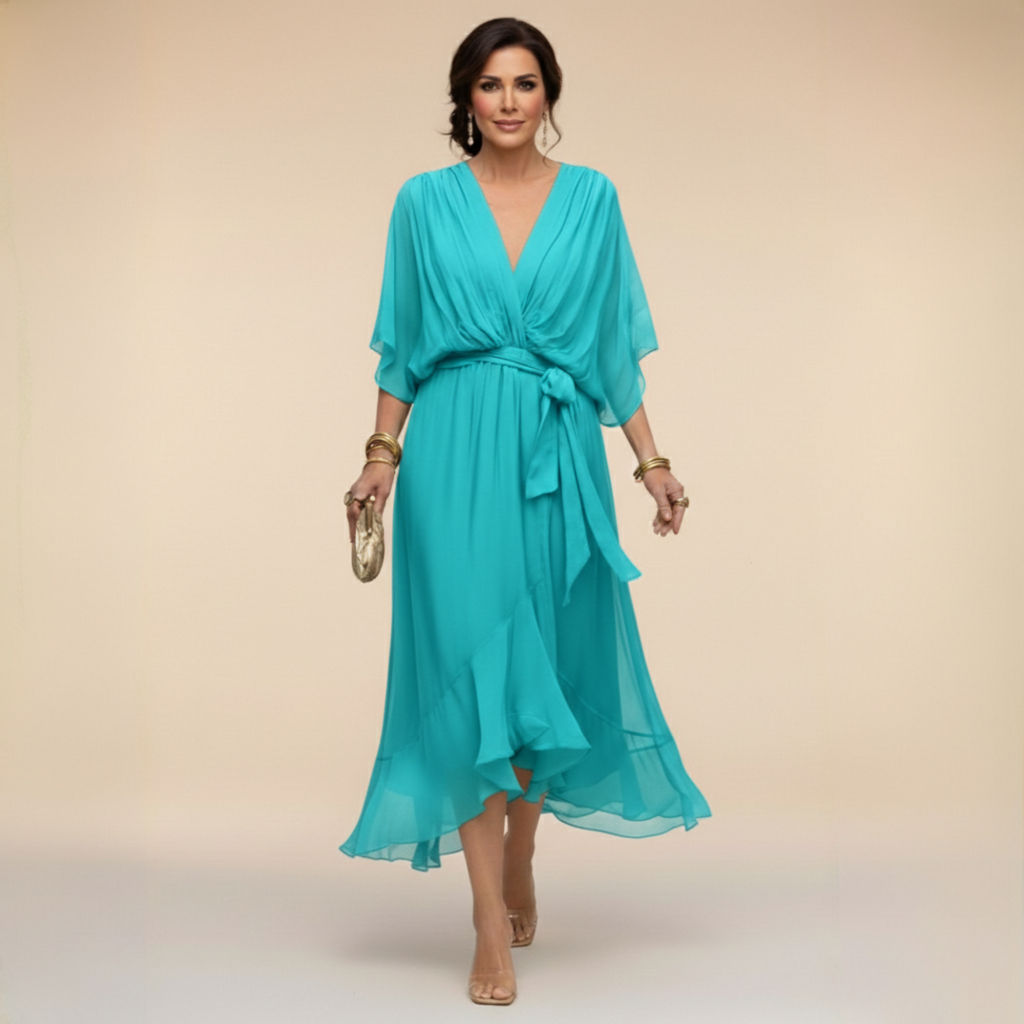 Mónika – V-nyakú elegáns sziluettkiemelő midi ruha