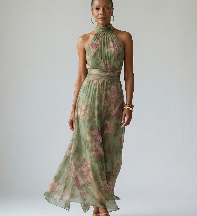 Mirély – halter nyakú virágos ráncolt elegáns midi ruha