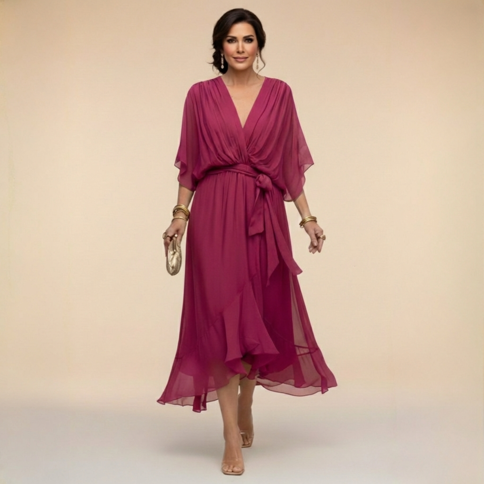 Mónika – V-nyakú elegáns sziluettkiemelő midi ruha