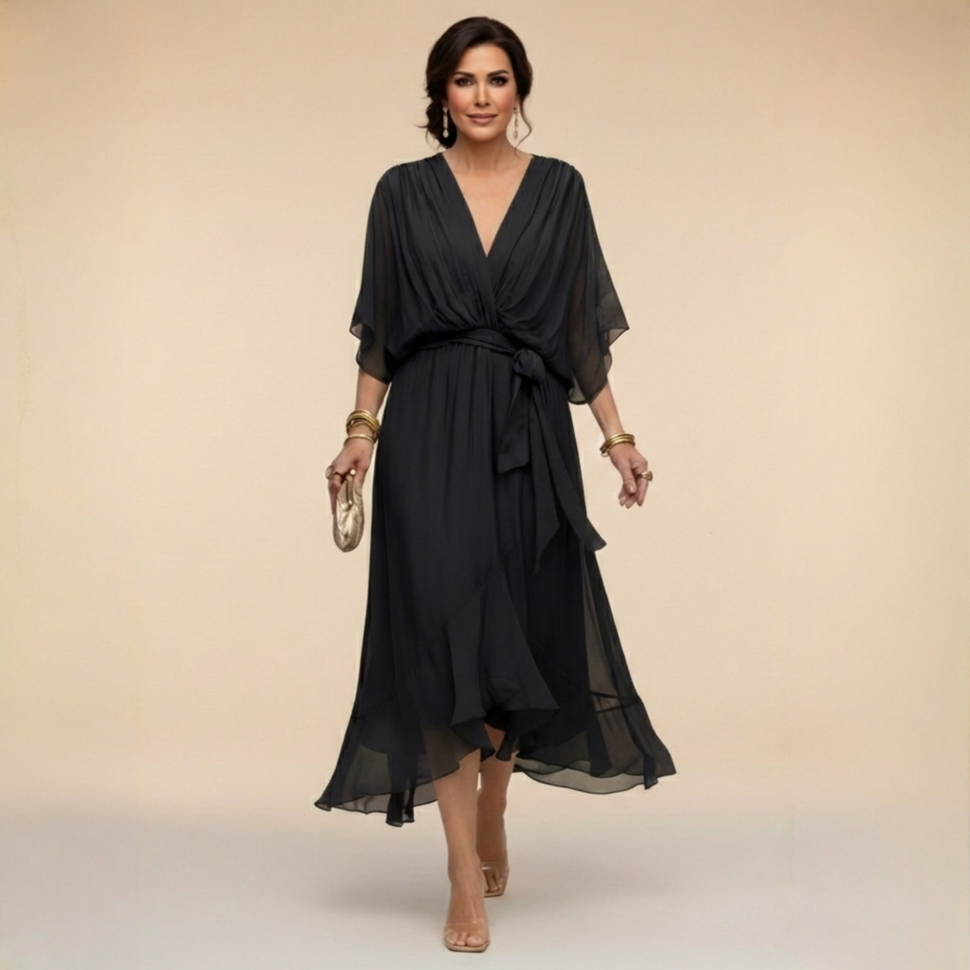 Mónika – V-nyakú elegáns sziluettkiemelő midi ruha