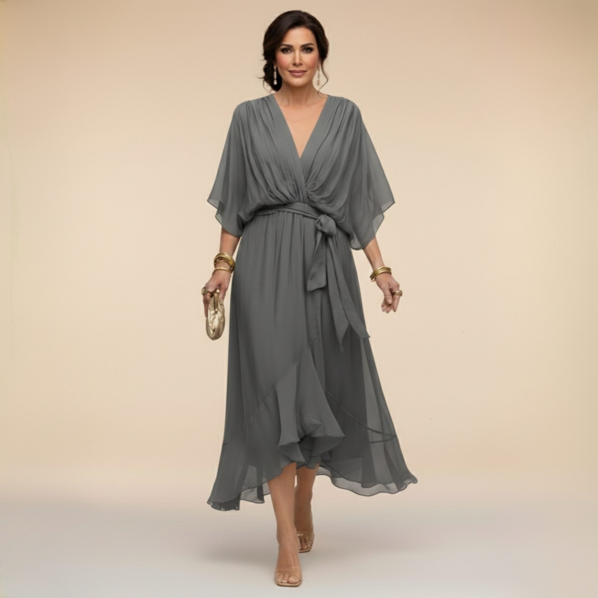 Mónika – V-nyakú elegáns sziluettkiemelő midi ruha