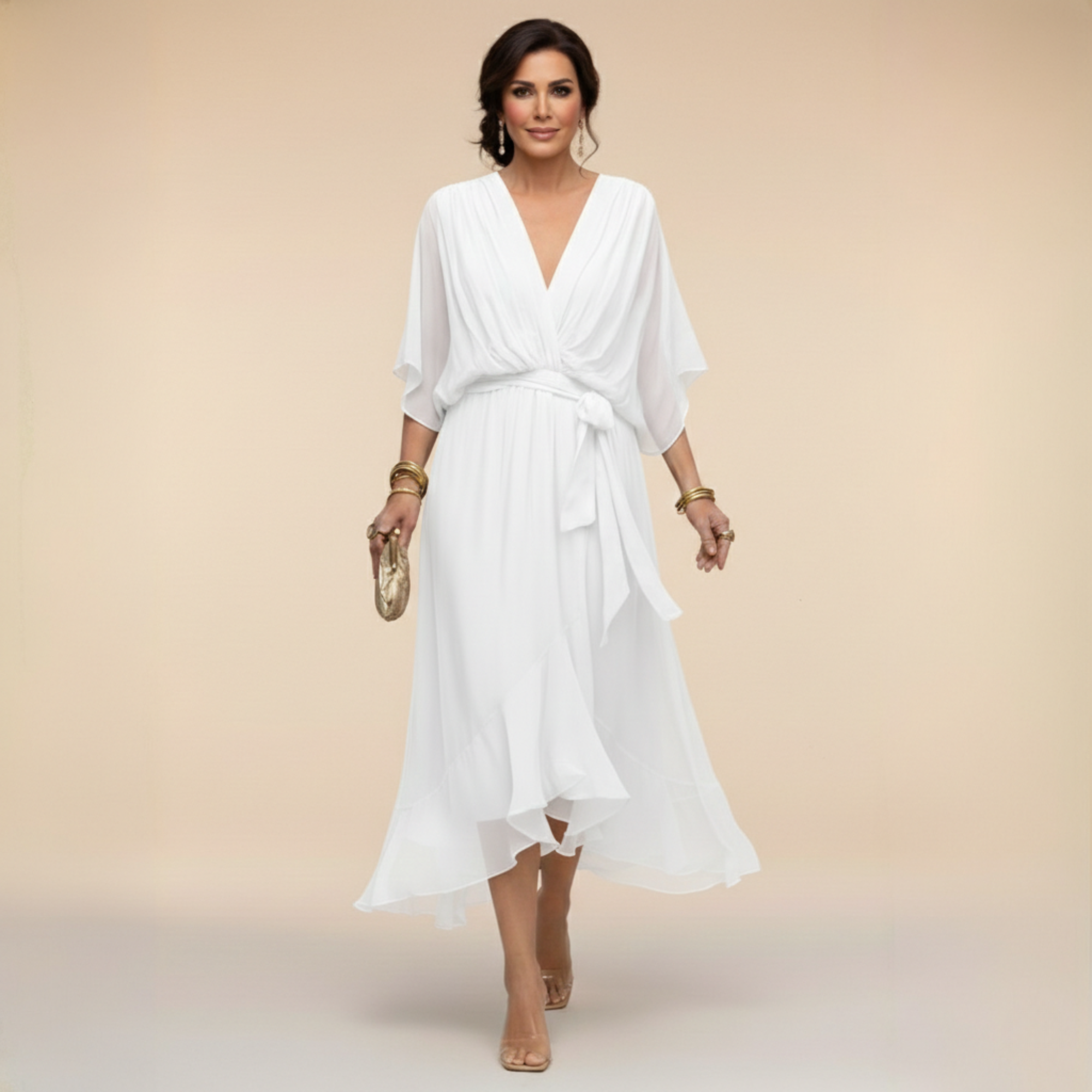 Mónika – V-nyakú elegáns sziluettkiemelő midi ruha