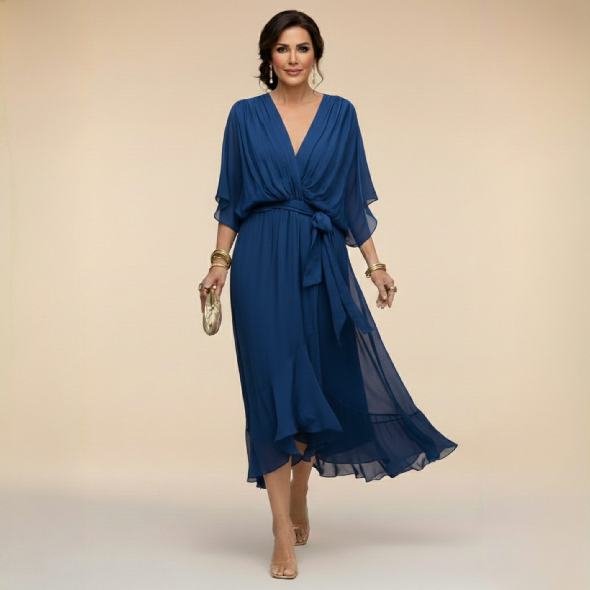 Mónika – V-nyakú elegáns sziluettkiemelő midi ruha