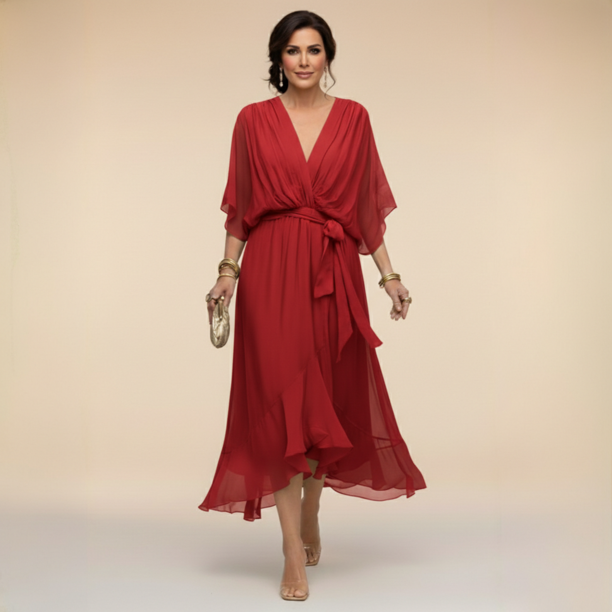 Mónika – V-nyakú elegáns sziluettkiemelő midi ruha