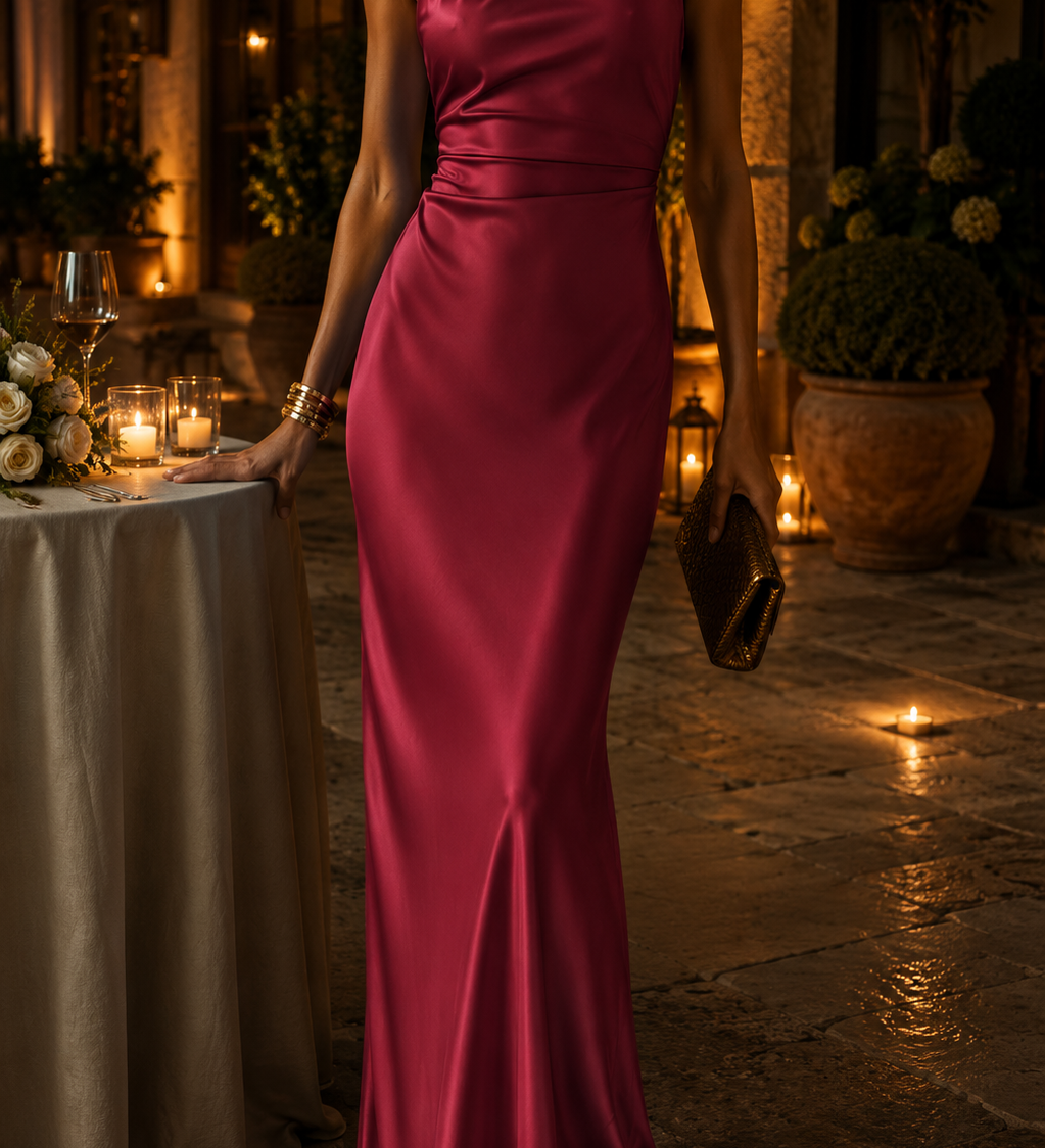 Noémi – hosszú elegáns ruha drapériás kivágással