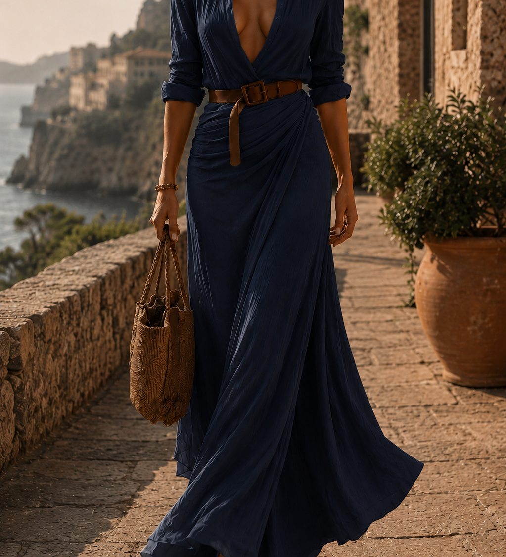 Bettina – hosszú drapált elegáns ruha övvel