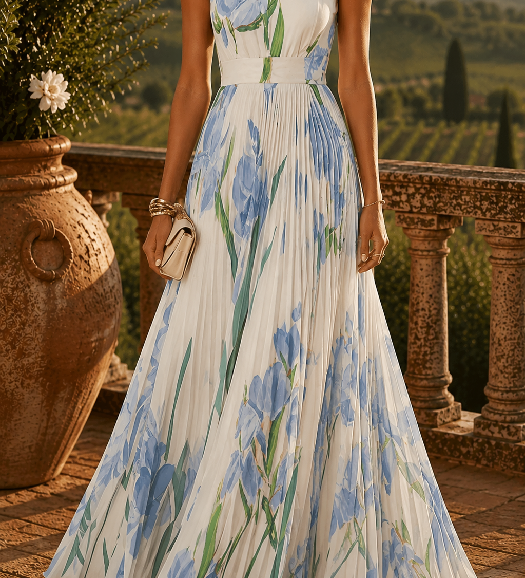 Orsolya – hosszú pliszírozott virágmintás chiffon ruha