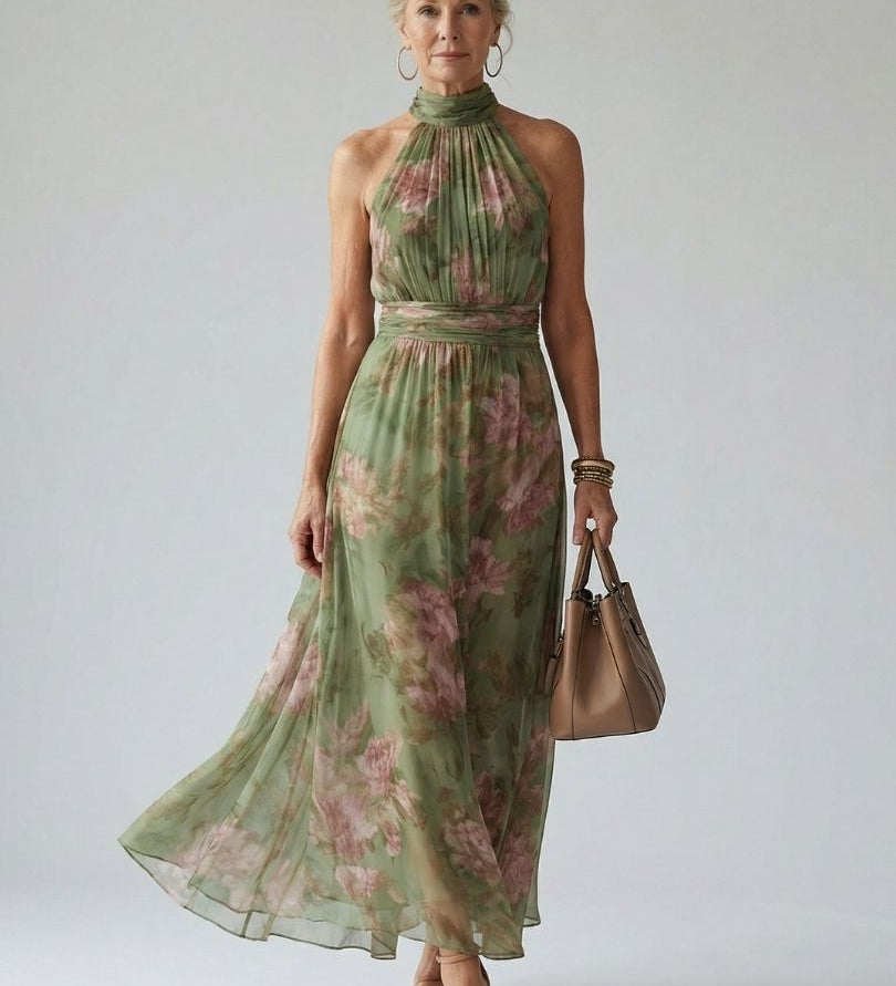Mirély – halter nyakú virágos ráncolt elegáns midi ruha
