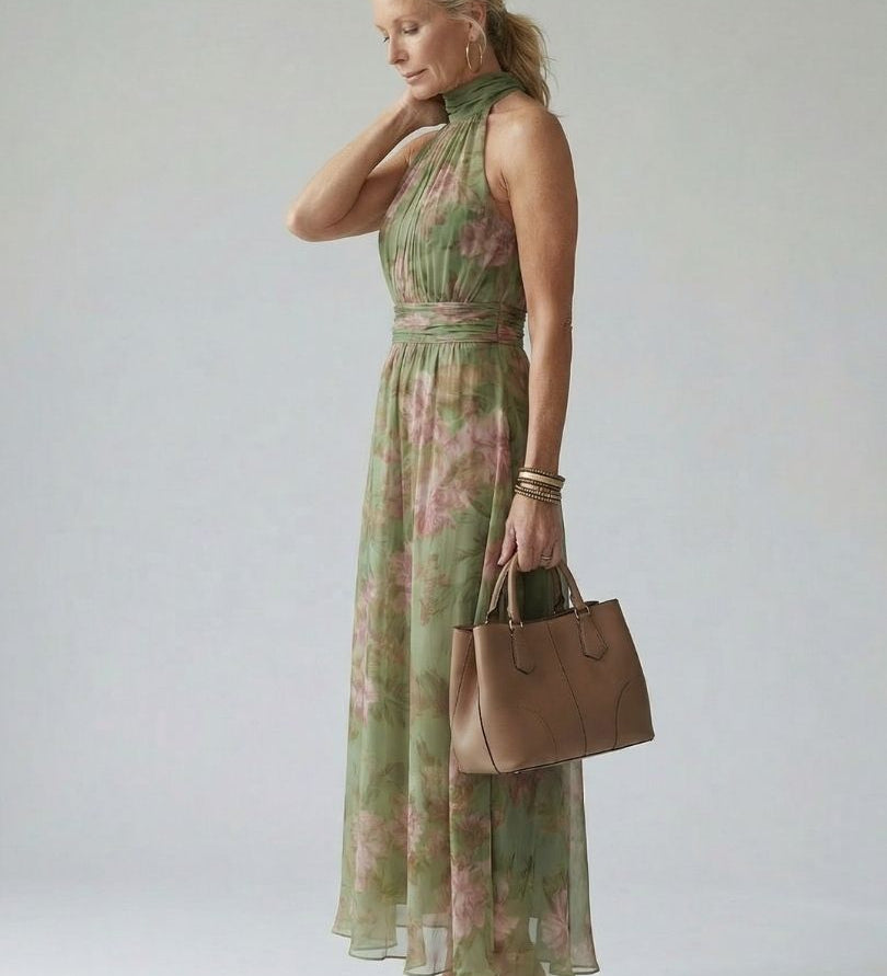 Mirély – halter nyakú virágos ráncolt elegáns midi ruha
