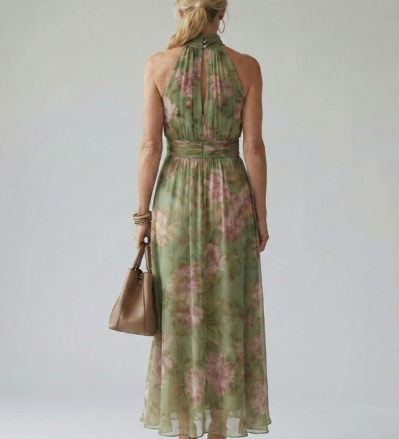 Mirély – halter nyakú virágos ráncolt elegáns midi ruha