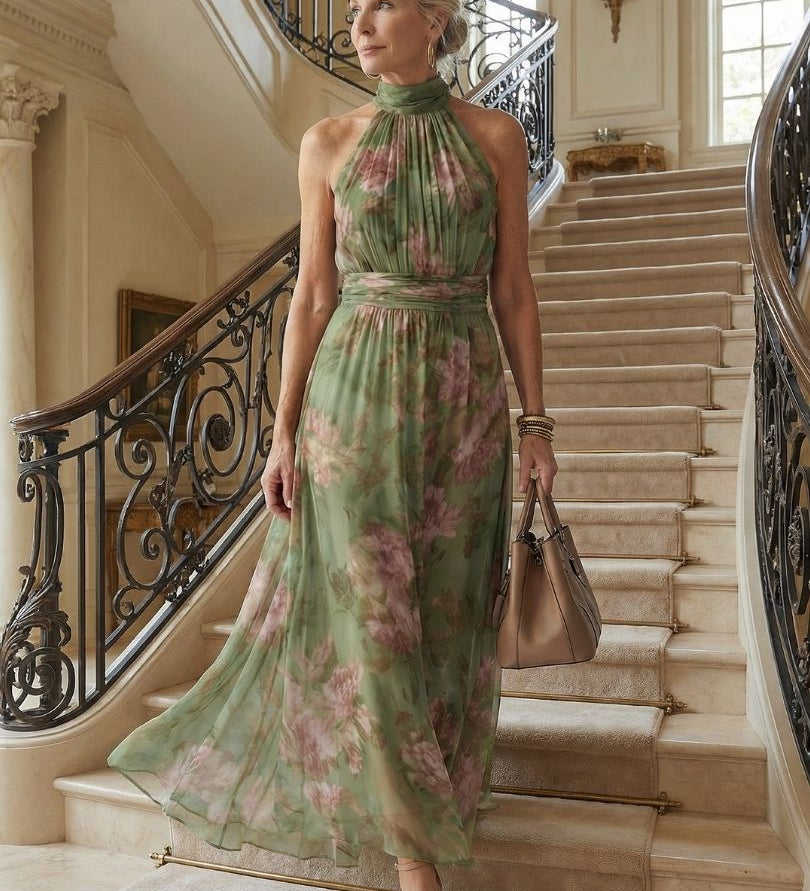 Mirély – halter nyakú virágos ráncolt elegáns midi ruha