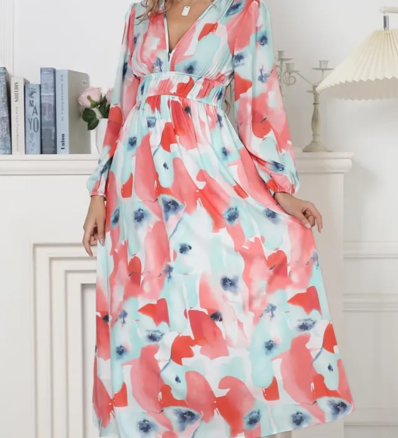 Celina – virágmintás hosszú elegáns ruha
