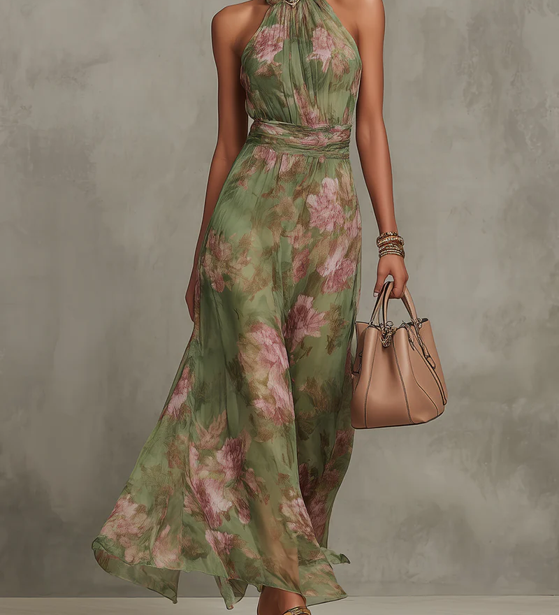 Lívia – virágmintás elegáns halter maxi ruha