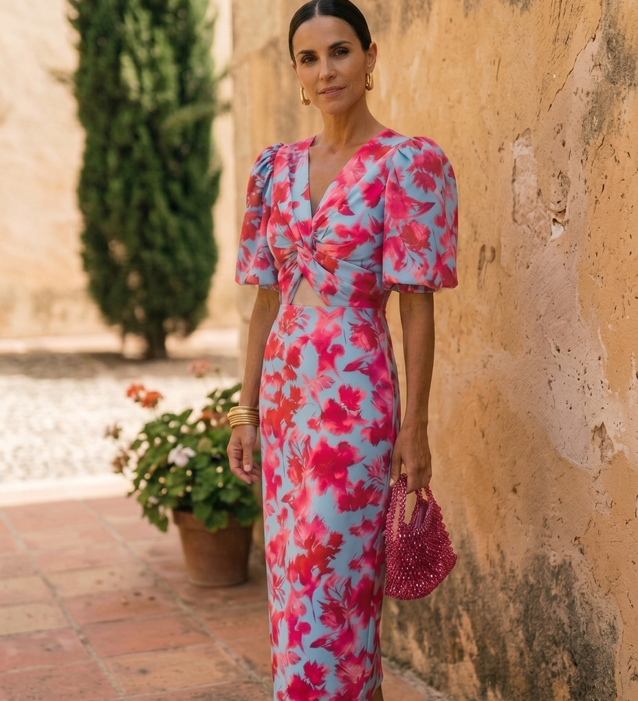 Karla – hosszúujjú mintás elegáns midi ruha