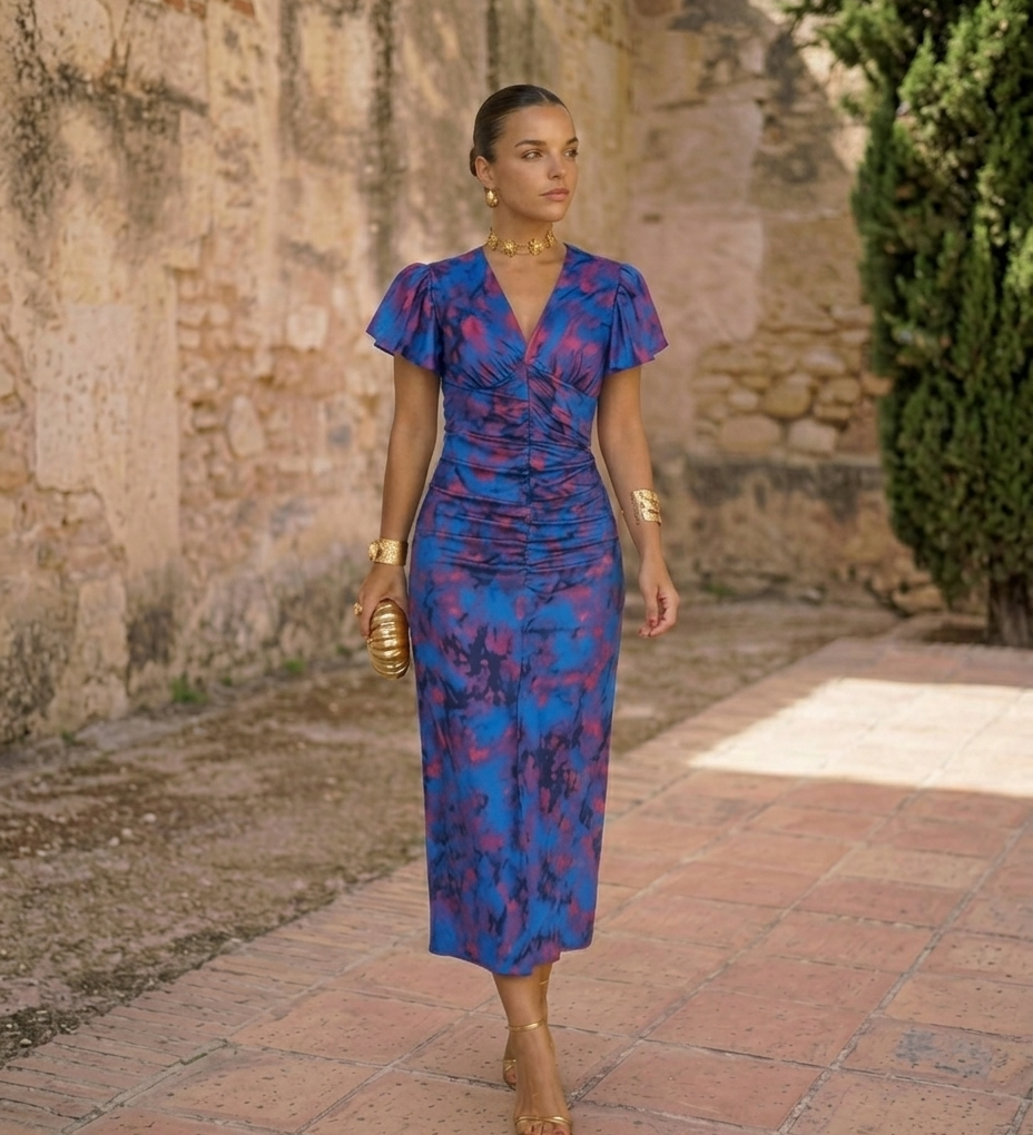 Karla – hosszúujjú mintás elegáns midi ruha