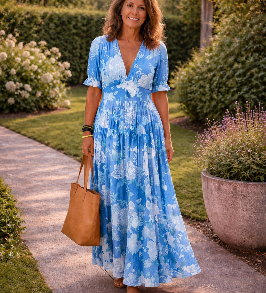Róma – virágmintás ujjatlan elegáns V-nyakú maxi ruha